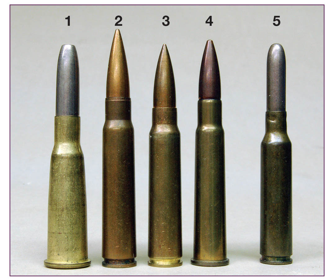 Cartridges shown include a (1) smokeless 8mm Lebel, (2) 7.92x57mm Mauser, (3) 7.65mm Belgian, (4) .303 British and a (5) 6.5x52mm Carcano.